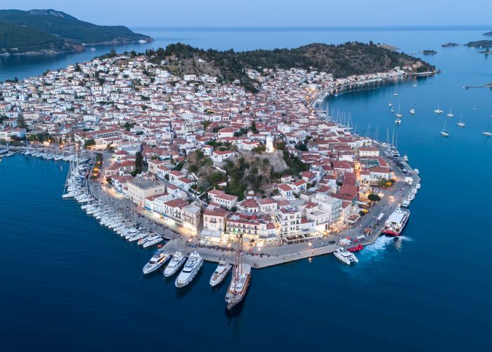 Aerial panorama of the city and harbor of Poros island in the Saronic Gulf, Greece,