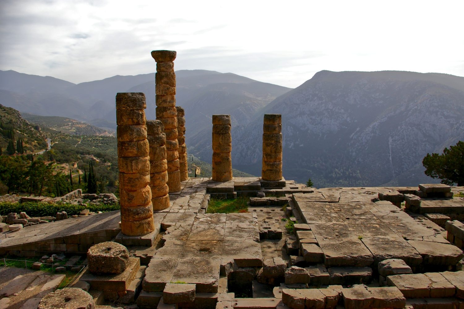 Ancient Temple of Apollo in Delphi, Greece in summer