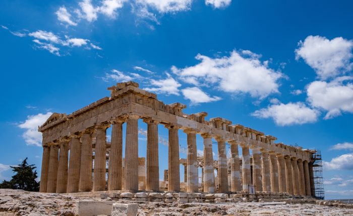 Athens, Greece. Parthenon temple on Acropolis hill, blue sky background