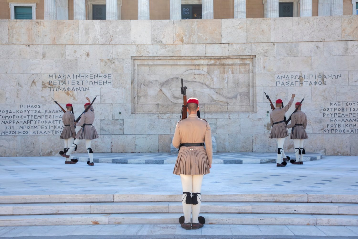 Greece Syntagma Square changing of the guard in front of the monument to the unknown.