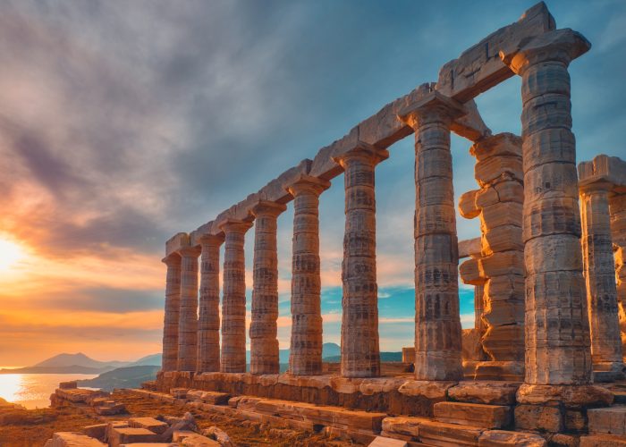Poseidon temple ruins on Cape Sounio on sunset, Greece
